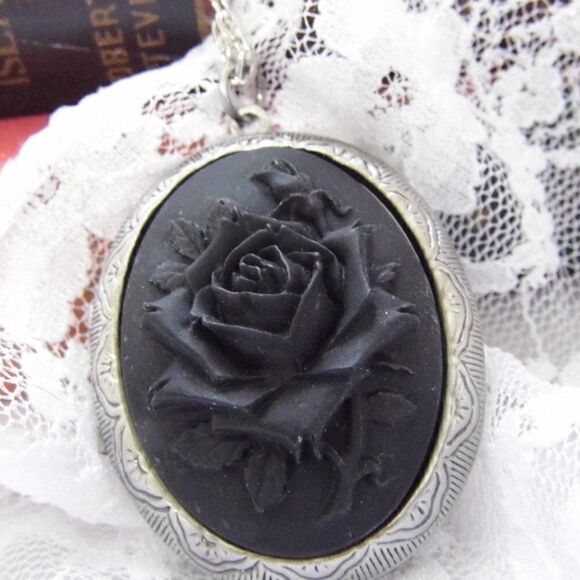 Black Gothic Mourning Rose Cameo Locket Necklace - Picture 2 of 8
